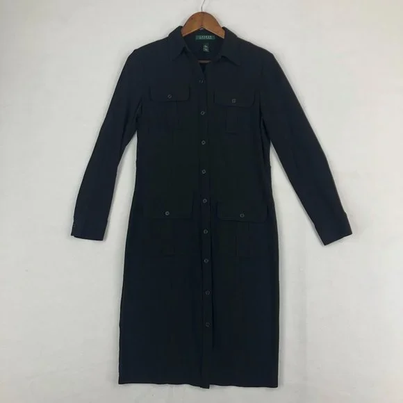 LRL Lauren Ralph Lauren Women's Size Medium Black Button Front Collared Dress - Picture 1 of 9